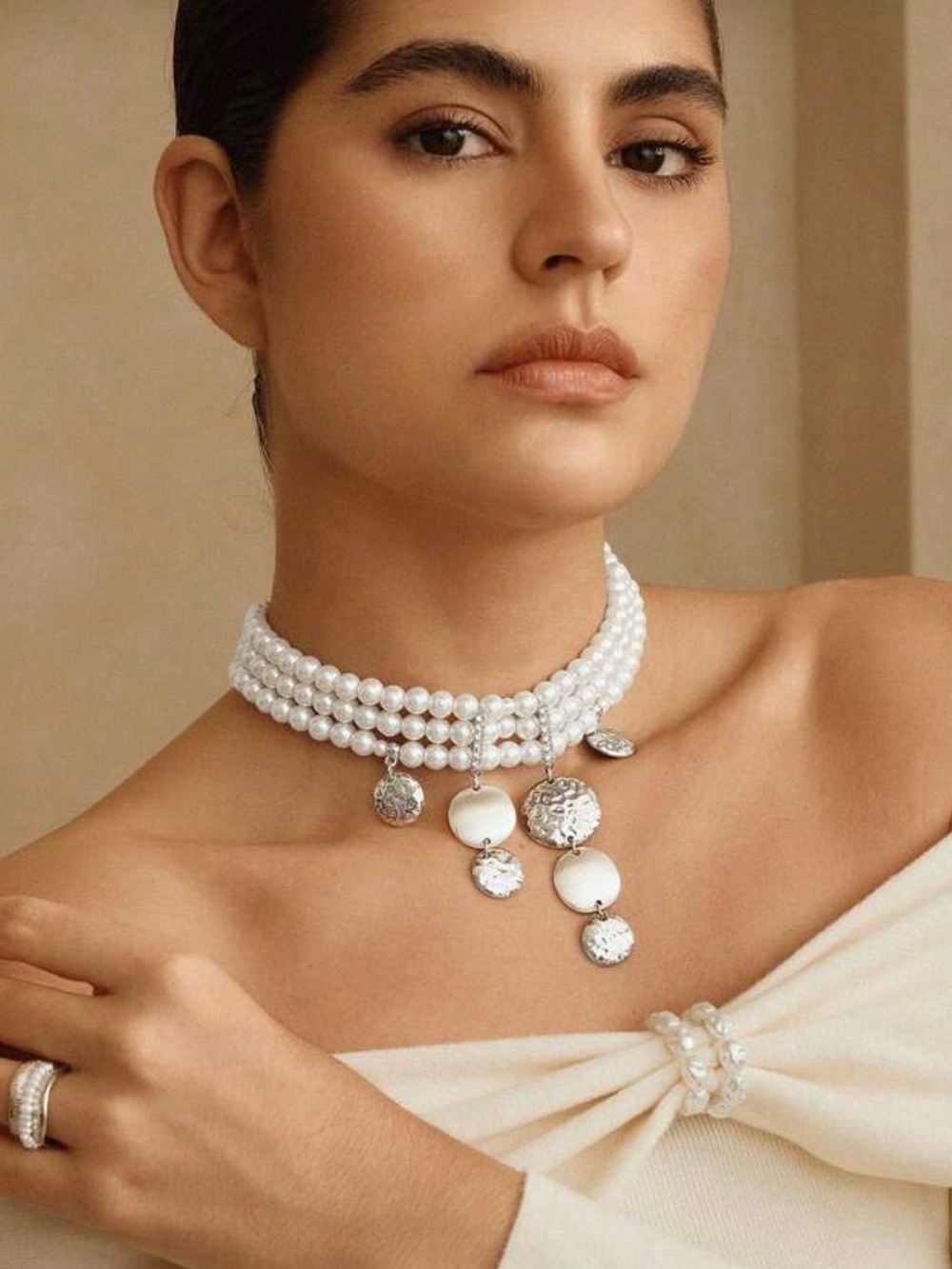 White Pearl  Choker with Silver Disc Charms